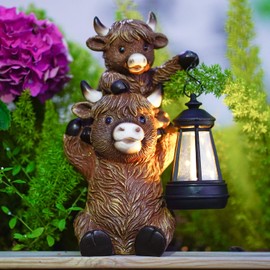 Yeomoo Highland Cow Sculpture with Solar Lights for Outdoor Garden Decoration - Funny Highland Cow Mother Animal & Calf Garden Figure Solar Decoration - Cow Gifts for Women Mum Men Weatherproof