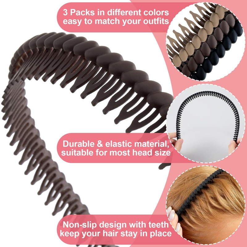 Alpinleux 3 Pcs Headband with Teeth,4.3"×0.7", Black, Coffee, Khak