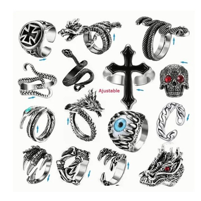 15pcs Rings Set Vintage Snake Skull Shaped Adjust Opening Alloy