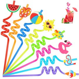Cocktail Straws Plastic Thick Plastic Straws with Kink Pack of 16 Drinking Tubes Reusable Straws Pool Party Decoration Straws Plastic for Children Adults (Summer)