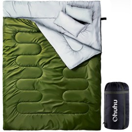 Ohuhu Double Sleeping Bag with 2 Pillows, Waterproof Lightweight 2 Person Adults Sleeping Bag for Camping, Backpacking, Hiking, with Carrying Bag (Green)