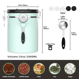 Miscedence 35OZ Coffee Canister for ground coffee with Date Tracker,Mint Green 304 Stainless Steel Kitchen Food Airtight storage container for Coffee Beans or Grounds, Tea, Sugar