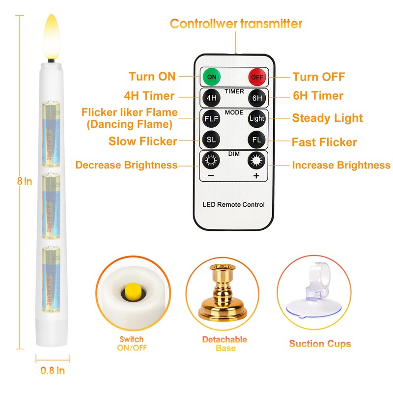 FPOO Flameless Taper Candles Flickering with Remote Timer, 4PCS Battery