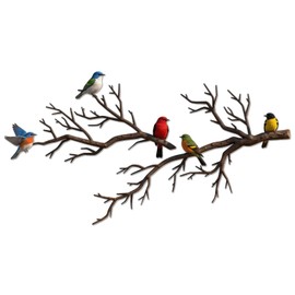 KOYILTD Metal Birds Wall Art, Colorful Vivid Bird on Black Branch Silhouette Large Decorative Wall Sculpture, Vintage Outdoor Hanging Wall Decor for Home Garden Living Room (Abundant)