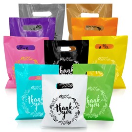 TOSPARTY 100 PCS 10 Colors Plastic Handle Bag Gift Bags Party Favor Candy Cookie Bag for Birthday Party Baby Shower Wedding Gift Shop Retail Bags (7.87" x 6.3")