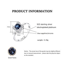 Bellitia Jewelry Sri Lankan Blue Sapphire & CZ Diamond Flower Women Ring 925 Sterling Silver Rhodium Plated Promise Engagement Zirconia Ring for Her Valentine's Day Size 5-10