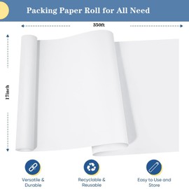 White Packing Paper Roll 17”W x 350'L Newsprint Paper Roll for Packing, Moving and Wrapping, Packaging Newsprint for Moving Supplies, Newsprint Paper for Sketching Crafting 1 Pack