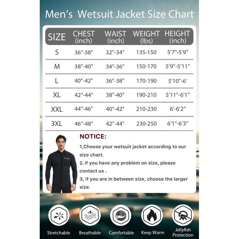 Lemorecn Adult’s 3mm Wetsuits Jacket Long Sleeve Neoprene Wetsuits Top(CA2031BLACK-XL)