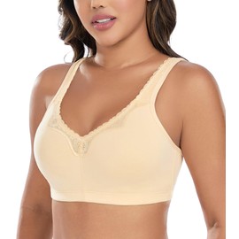 DotVol Women's Comfort Cotton Bra Full Coverage Wirefree Embroidered Lace Non Padded Lift Everyday Bras(Beige,42DD)