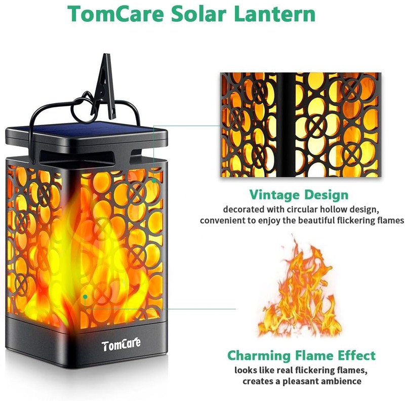 TomCare Solar Lanterns Outdoor Upgraded Flickering Flame Waterproof Hanging Lanterns