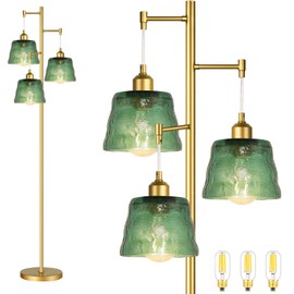 QIYIZM Glass Gold Floor Lamp for Living Room,Bedroom,Mid Century Modern Standing Lamp Brass Tree 3 Light Tall Floor Lamps Vintage Retro Floor Lights Green Flower Lamp Shade Farmhouse Boho Bohemian