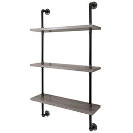 24/7 Shop at Home Citadel Industrial Metal 3 Tiers Decorative Wall-Mounted Shelf for Bathroom, Kitchen, Living Room, Bedroom, Home Office, Laundry Room, Entryway, Vintage Gray Oak