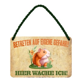Hier wache ich Meerschweinchen Tin Sign - Decorative Metal Sign with Cord and Suction Cup - Hanging Sign for Stable Cage House - Decoration Accessories - Funny Sign Warning Sign - 18 x 12 cm