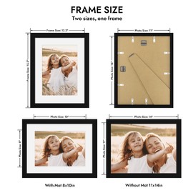 Hongkee 11x14 Picture Frame with Real Glass - 8x10 Wooden Frame with Mat, Horizontal and Vertical Display for Wall or Tabletop (Black, 1 Pack)