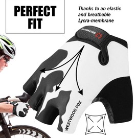 WESTWOOD FOX Cycling Gloves Half Finger Unisex Padded Grips Palm Bicycle Summer MTB Bike Gloves for Men Women Non-Slip Fingerless Short Mountain Bike Sports Hiking Climbing Gym (White, XL)