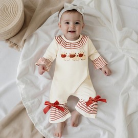 Sasaerucure Newborn Baby Girl Fall Romper Jumpsuit Cow Embroidered Ruffle One Piece Clothes Farm Outfit (Khaki, 3-6 Months)