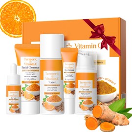 Vitamin C Turmeric Skincare Gift Set for Women, Christmas Gift Set for Girls Women, Skin Care Set with Cleanse, Toner, Serum, Eye Cream, Face Cream, Hydrating Travel Skin Care Routine Kit for Women