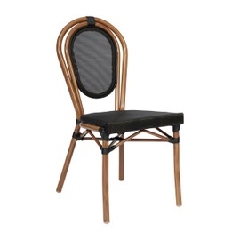Flash Furniture Marseille Indoor/Outdoor Commercial Bistro Stack Chair - Black Textilene Back and Seat - Natural Bamboo Print Metal Frame