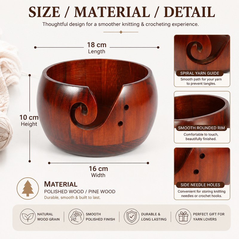 Wooden Yarn Bowl for Crochet & Knitting – Portable Pine