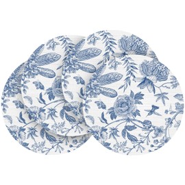 Artoid Mode Blue Floral Vinyl Round Spring Placemats Set of 4, Washable Heat Resistant Non-Slip Woven Summer Plastic PVC Place Mats for Farmhouse Party Kitchen Dining Decor