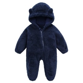 MAHUAOYIXI Toddler Baby Romper Infant Baby Boys Girls Long Sleeve Footies Hooded Zipper Closure Bear Ear Snowsuit Winter Fuzzy Jumpsuit for Baby Boys Girls Clothes (Navy, 9-12 Months)