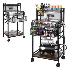 OPHIR 5 Tiers Art Cart, Airbrush Paint Storage Cart with 2 Air Brush Holders, Metal Rolling Craft Cart with Lockable Wheels & 2 Drawers & 1 Paint Brush Holder, for Airbrush Compressor Kit Storage