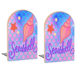 Conch in Mermaid Scales Book Ends Decorative Wood Bookends for Shelves Kids Room Desk Home Office Book Stoppers for Magazines,Books, DVDs, 1 Pair/2 Pieces(5x3.1 in)
