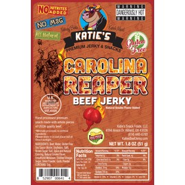 Katie's Beef Jerky - Spicy Flavors from Around the World, flavored snacks meat snacks, Gluten Free, No Preservatives, Nitrites, or MSG (Carolina Reaper, 1 Pack)