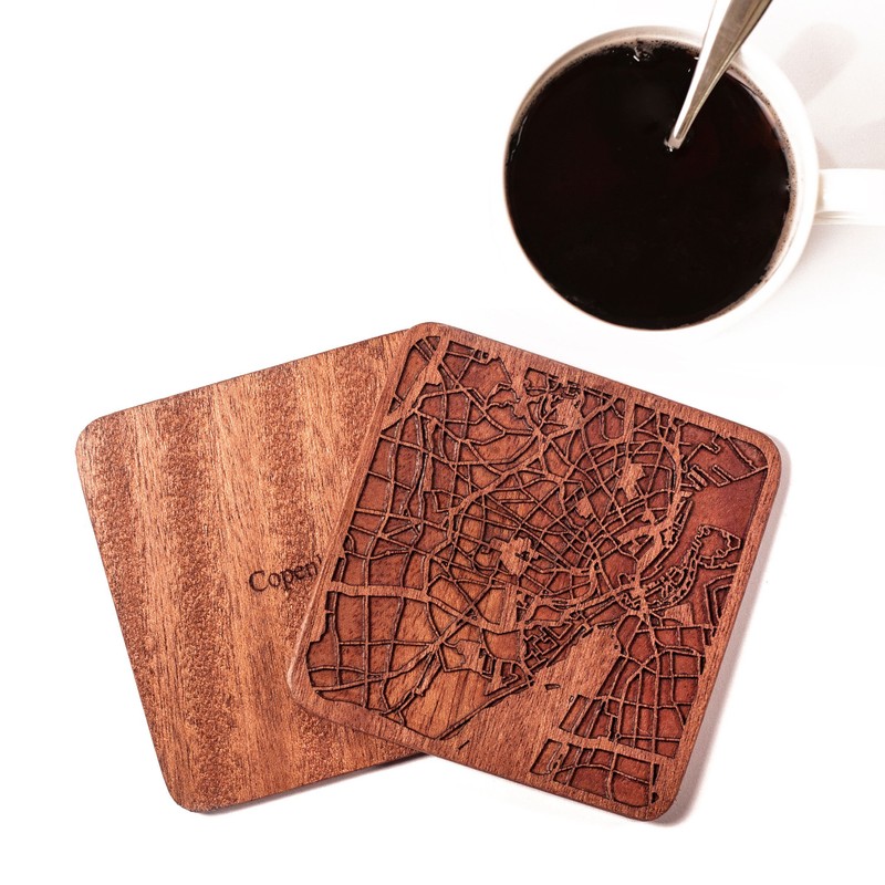 Copenhagen Map Coaster, Set of 4, Sapele Wooden Coaster with