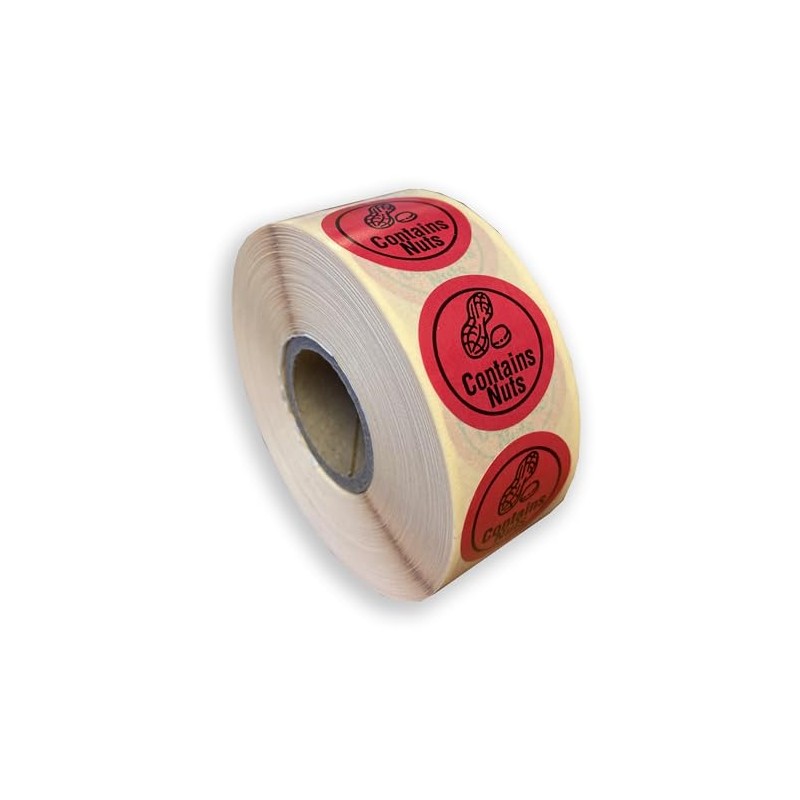 1000 x roll 25mm Round red Contains Nuts Labels Permanent