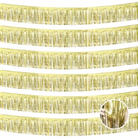 6 Pack 10 Feet Light Gold Foil Fringe Garland Metallic Tinsel Streamers, Wall Hanging Curtain Backdrop Banner for Parade Floats, Wedding, Christmas Party Decorations