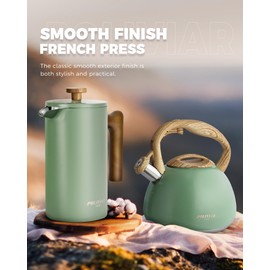 POLIVIAR French Press Coffee Maker, 34 oz Coffee Press with Real Wood Handle, Double Wall Insulation & Dual-Filter Screen, Food Grade Stainless Steel for Good Coffe and Tea (Flatland)