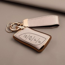 WiiLemz Key Fob Cover for Lexus with Key Chain, Upper Leather + Soft TPU Key Cover Case Shell for ES350 ES300h UX200 RX350 RX450h NX300h GX460 TX550 LX600 LS500 LC500h, 4 Buttons (Rose Gold)