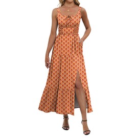 ANRABESS Women Summer Maxi Dress 2025 Square Neck Sleeveless Casual Boho Floral High Waist Slit Travel Vacation Sundress Print Orange Small