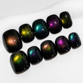 Sun&Beam Nails Handmade Nail Tip, Short, Round, False Claws, Black, Colorful, Cat Eye, Popular, Stylish, Cute, Set of 10 (#91 M)