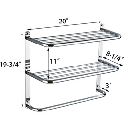 2-Tier Towel Rack Floating Shelf with Towel Bar, 20-Inch W x 8.25-Inch D Bathroom Hotel Towel Shelf, Wall Mount, Mounting Hardware Included,Polished Chrome