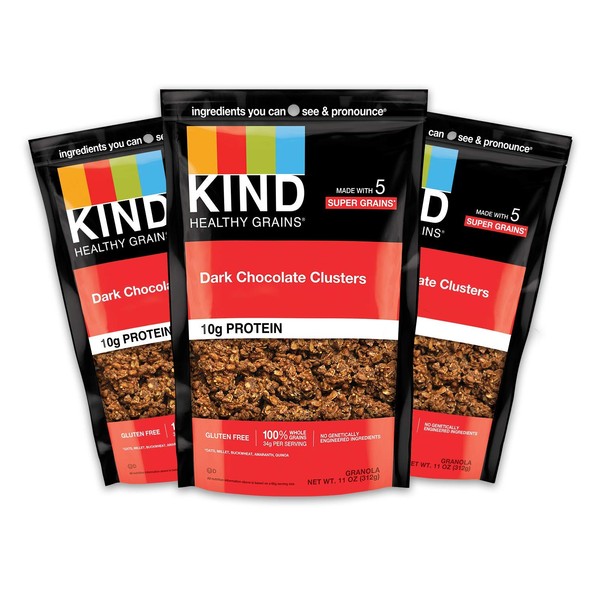 KIND Healthy Grains Clusters, Dark Chocolate Granola, Gluten Free, 10g Protein, 11 Ounce (Pack of 3)