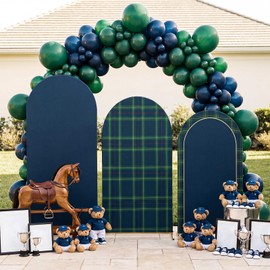 Chunful 3 Pcs Tartan Arch Backdrop Cover Baby Shower Photo Background Decor 2-Sided Round Top Elegant Buffalo Plaid Backdrop Arch Cover for Wedding Birthday Party Decoration 6 ft/5 ft/4 ft (Dark Blue)