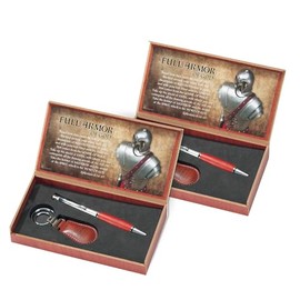Dicksons Full Armor of God Inspirational 2 Presentation Boxes, 2 Red Grip Retractable Writing Ballpoint Pens with Black Ink & 2 Key Rings, 6-Piece Gift Set
