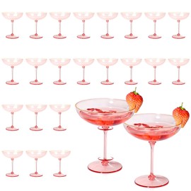 Detachable Martini Glasses 9oz Plastic Pink Champagne Coupe Glasses Gold Rim Hand Blown Vintage Cocktail Glassware Set Unique Martini Glass For Wine Wedding (24, Clear Pink)
