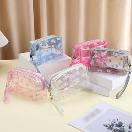 UUYYEO Clear Flower Makeup Bags Transparent Floral Cosmetic Bag Daisy Zippered Pouches Portable Waterproof Toiletry Bags Travel Vacation Bathroom Organizer with Handle Strap for Women Girls White