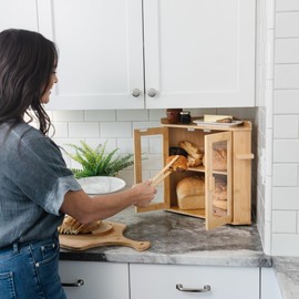 Corner Bread Box for Kitchen Countertop - Large Capacity Bread Holder for Kitchen Counter with Extra Storage Space on Top - Farmhouse Two-Shelf Bread Storage Bin Cabinet with Tongs - Natural Bamboo