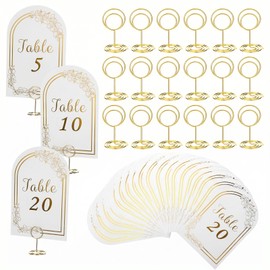 4x6 Inch Wedding Table Numbers 1-20 with Gold Holders (White)