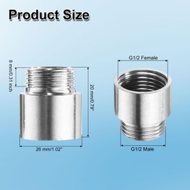 sourcing map Shower Head Extension Arm 20mm Length 201 Stainless Steel Shower Head Extender G1/2 Male to G1/2 Female Thread Straight Pipe Fitting Pipe Extension for Bathroom, Silver Tone