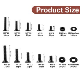 817 Pcs M3 M4 Nuts and Bolts Set, Countersunk Bolts and Nuts Set, Torx Screws Set, Flat Head Machine Screws Bolts Set with Washers, Torx Countersunk Screws Assortment Kit, with Wrench(M3 M4, Black)