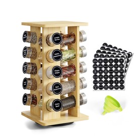 WelFurGeer Bamboo Spice Rack Organizer for Countertop, Revolving Spice Shelf with 20 Glass Jars, Lids & Labels, Desktop Rotating Seasoning Organizer for Kitchens, Space-Saving Design