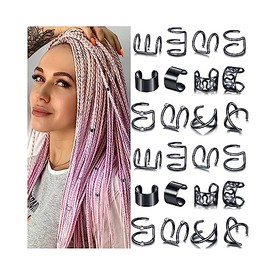 NAISKA 24 piezas de joyería para el cabello negro para trenzas con accesorios de diamantes de imitación: puños y clips de metal sin perforaciones para las orejas para mujeres y hombres.