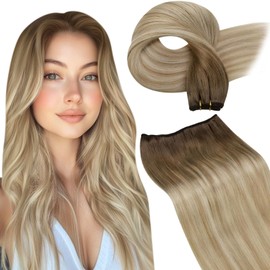 LaaVoo Weft Extensions Real Hair Ombre Blonde Sew-in Weft Real Hair Extensions Light Brown Balayage Ash Blonde with Platinum Blonde Wefts Real Hair Extensions for Sewing Straight 60 cm 100 g #8/18/60