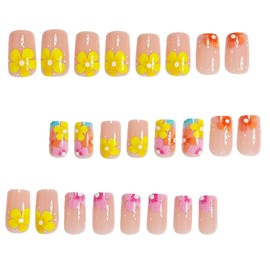 Summer Press on Nails Short Square Fake Nails Nude with Colorfu Flower designs Cute False Nails Glossy Acrylic Nails Full Cover Gel Glue on Nails for Women Girls Art Manicure24pcs