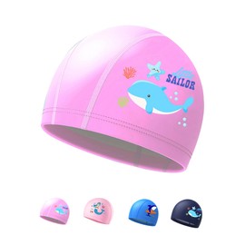 Girls Swimming Cap Kids 4-9 Years Swimming Cap PU Material (Whale Pink)